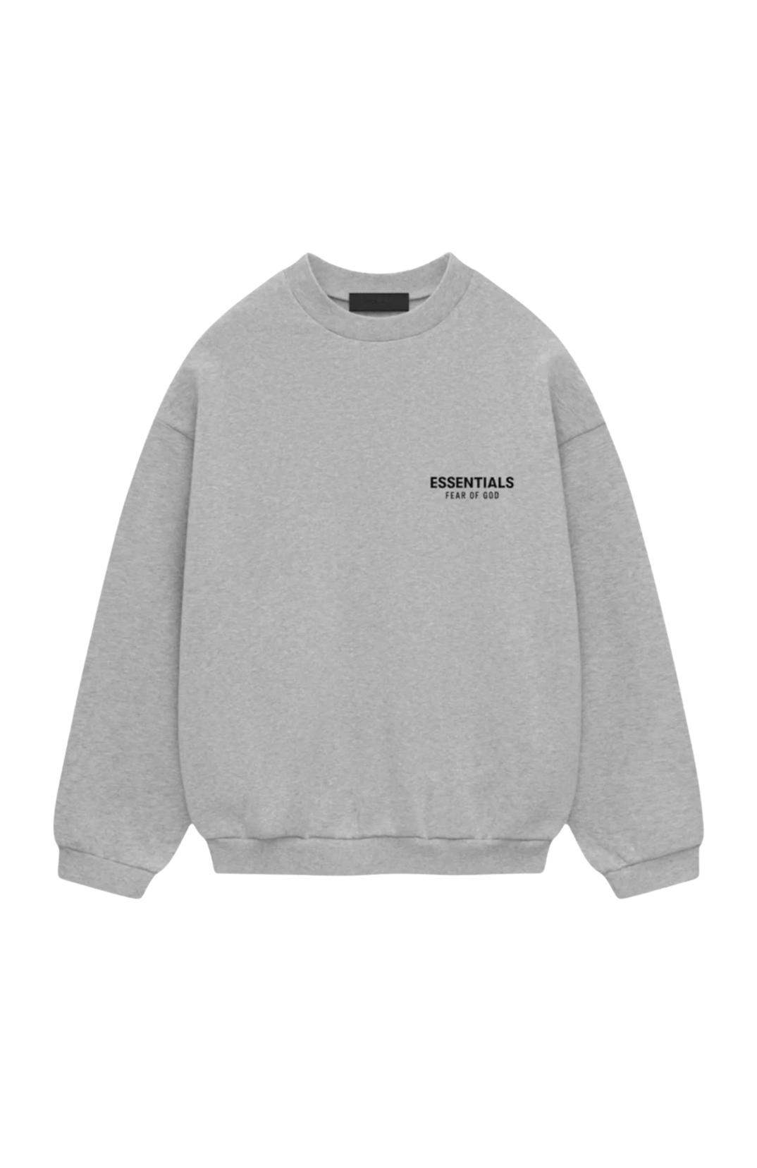 Fear of God Essentials mens fleece crewneck in heather grey front view