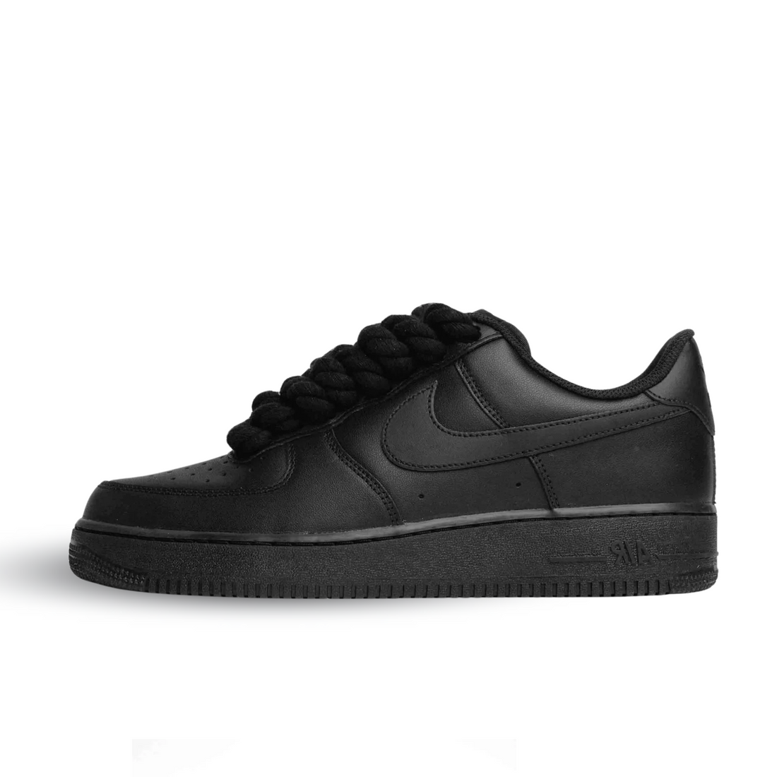 Nike Air Force 1 Low zwart met zwarte rope laces custom side view