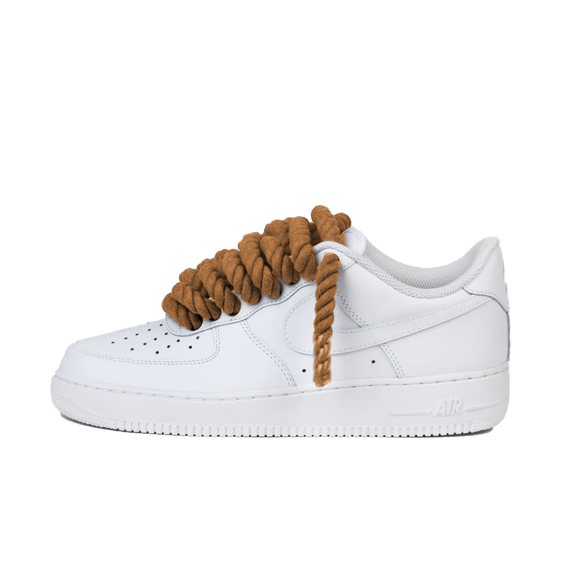 Nike Air Force 1 Low wit met bruine rope laces custom side view