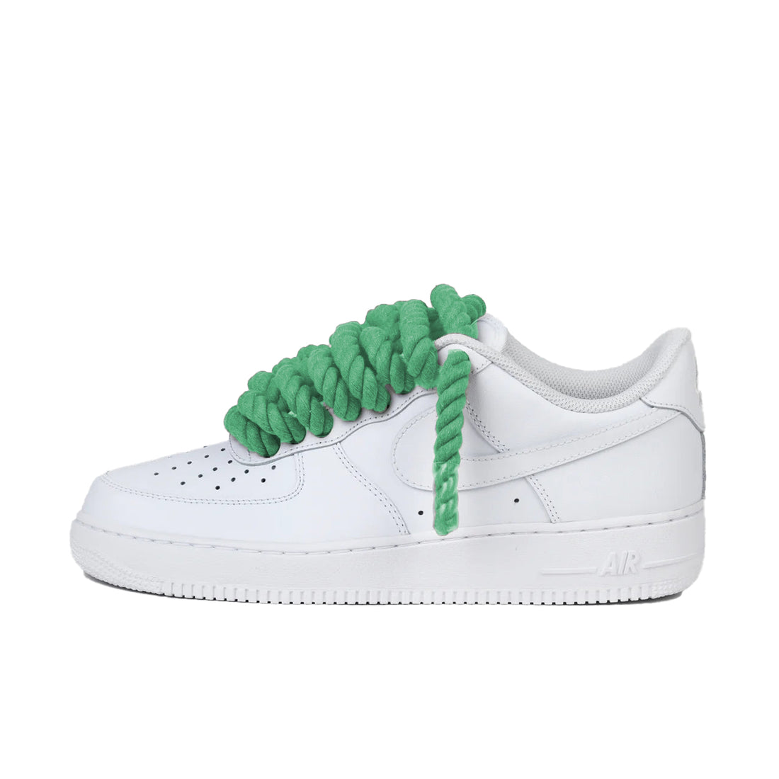 Nike Air Force 1 Low wit met groene rope laces custom side view