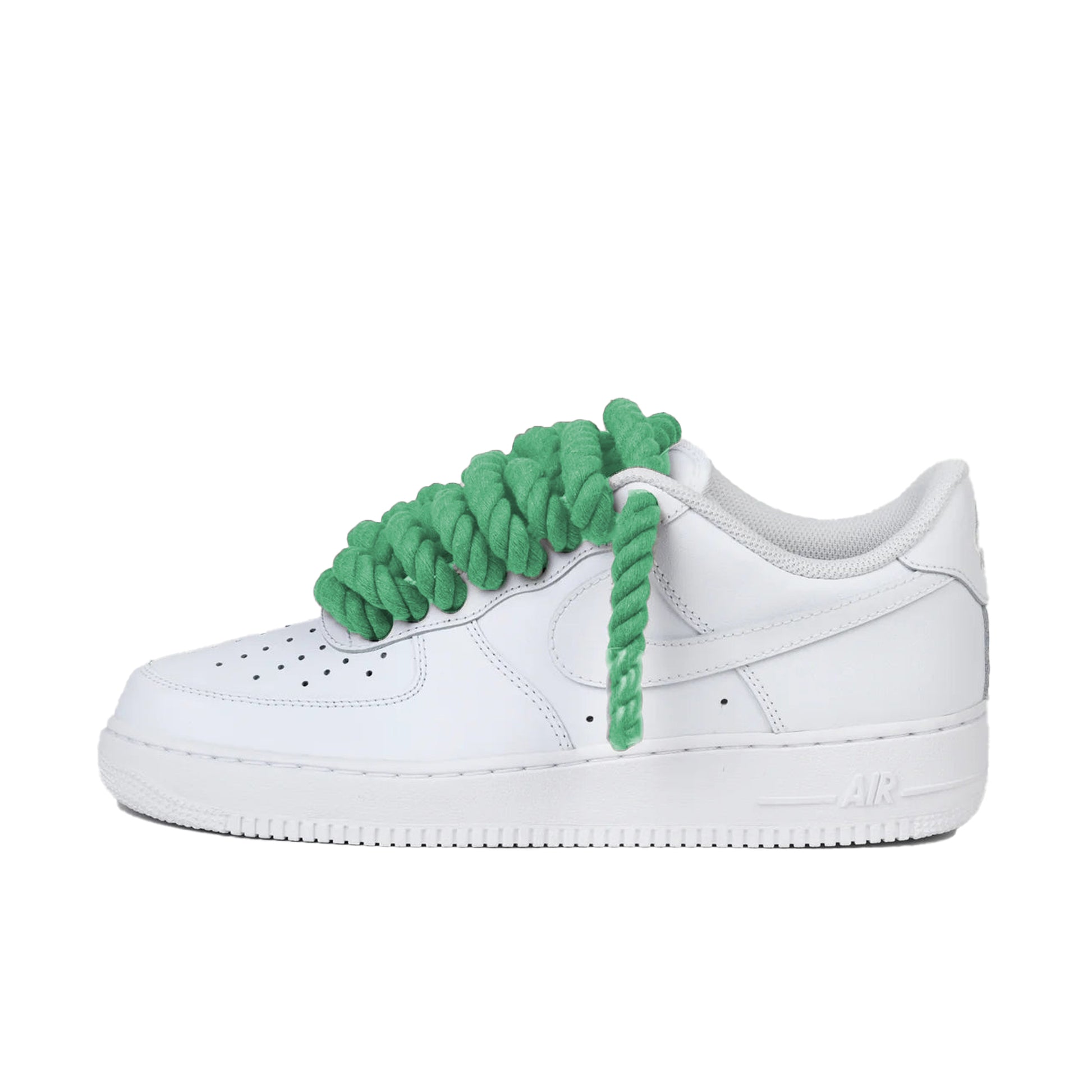 Nike Air Force 1 Low wit met groene rope laces custom side view