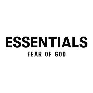 Essentials Fear of God logo in white on black background