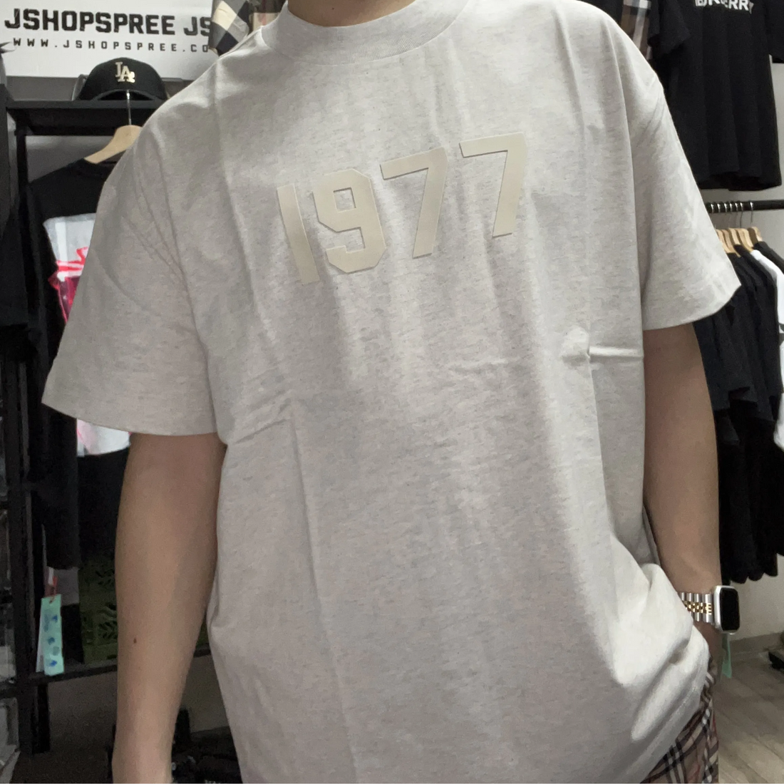 Fear of God Essentials 1977 t-shirt in light oatmeal front view