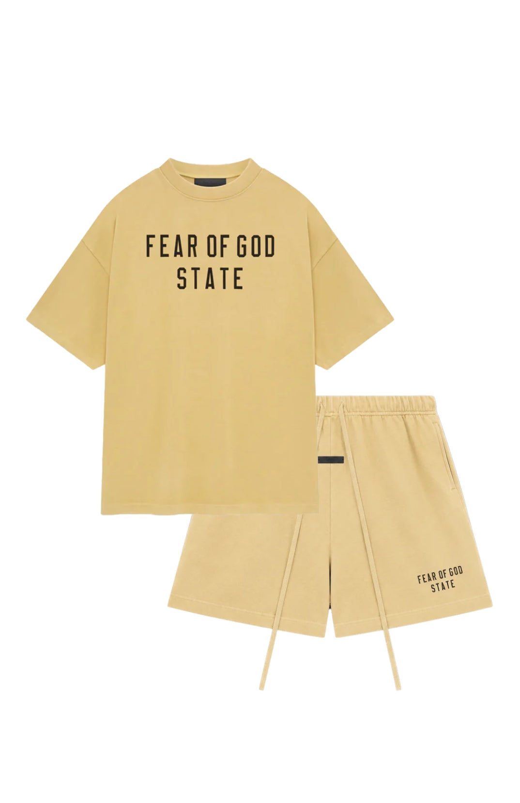 Fear of God Essentials Amber Summer Set t-shirt and shorts in amber front view