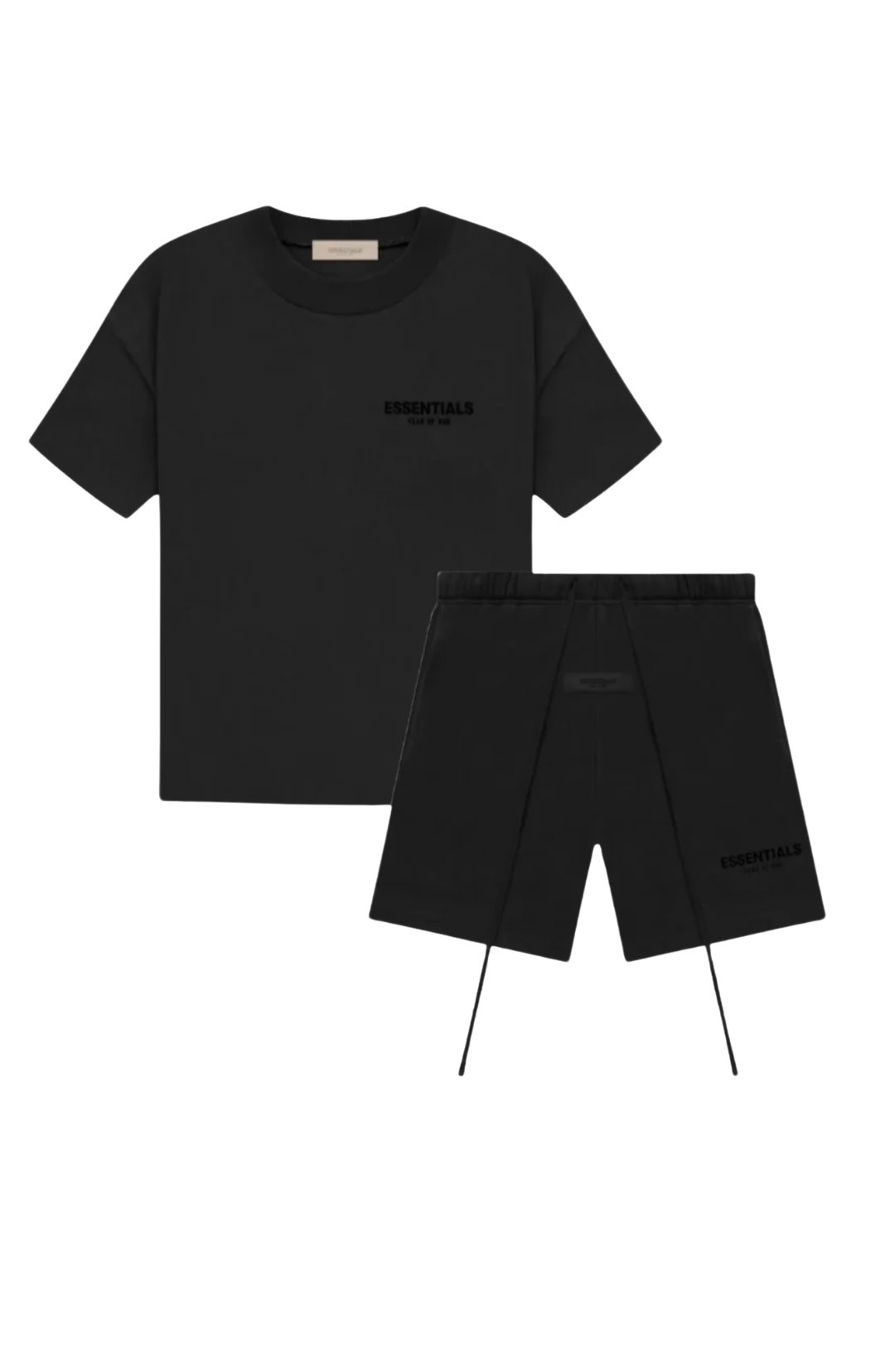 Fear of God Essentials Black Limo Summer t-shirt and shorts in black front view