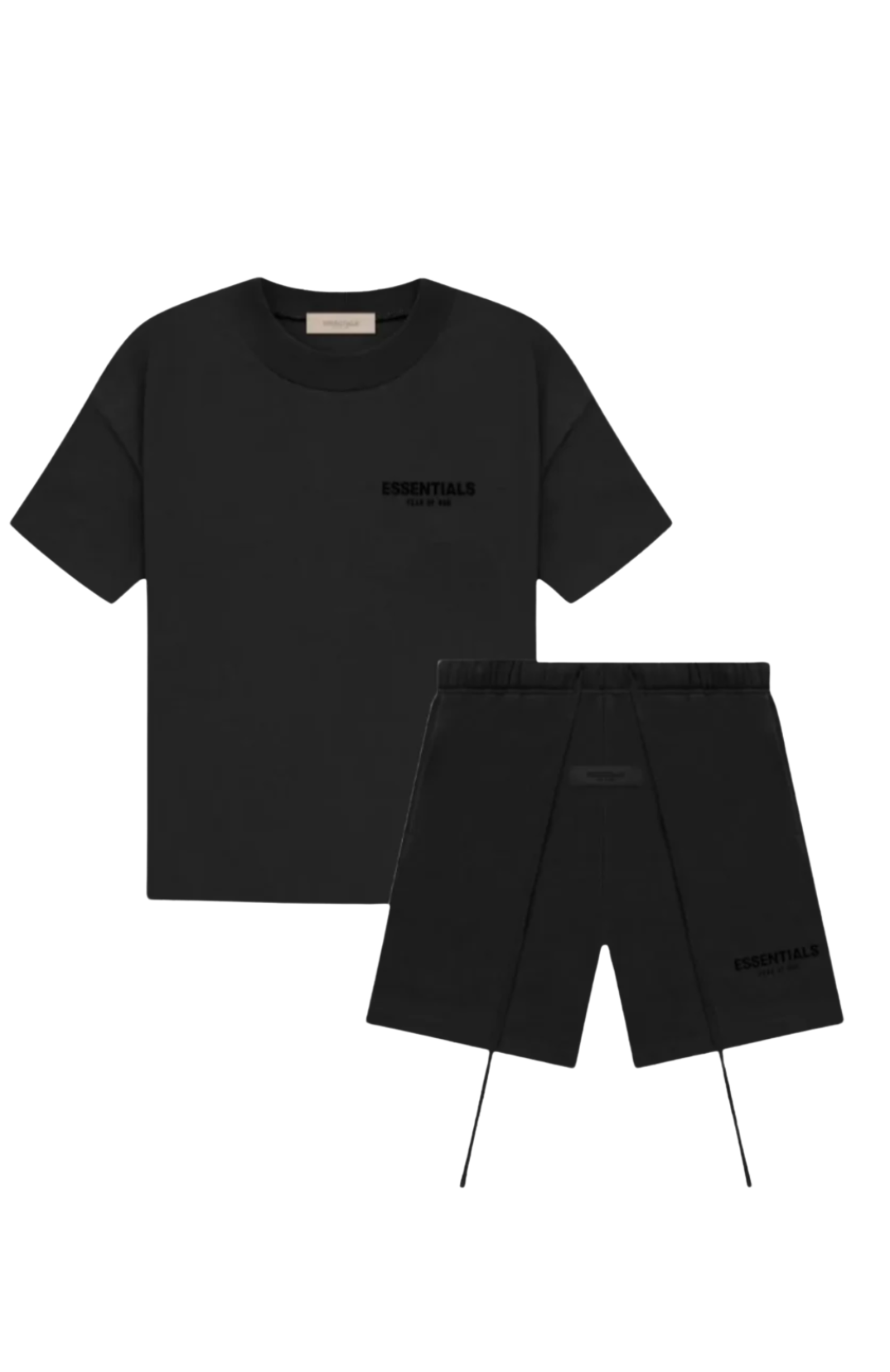 Fear of God Essentials Black Limo Summer t-shirt and shorts in black front view