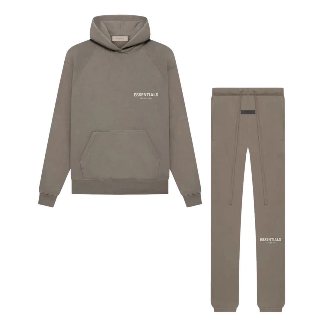 Fear of God Essentials hoodie and sweatpants set in desert taupe