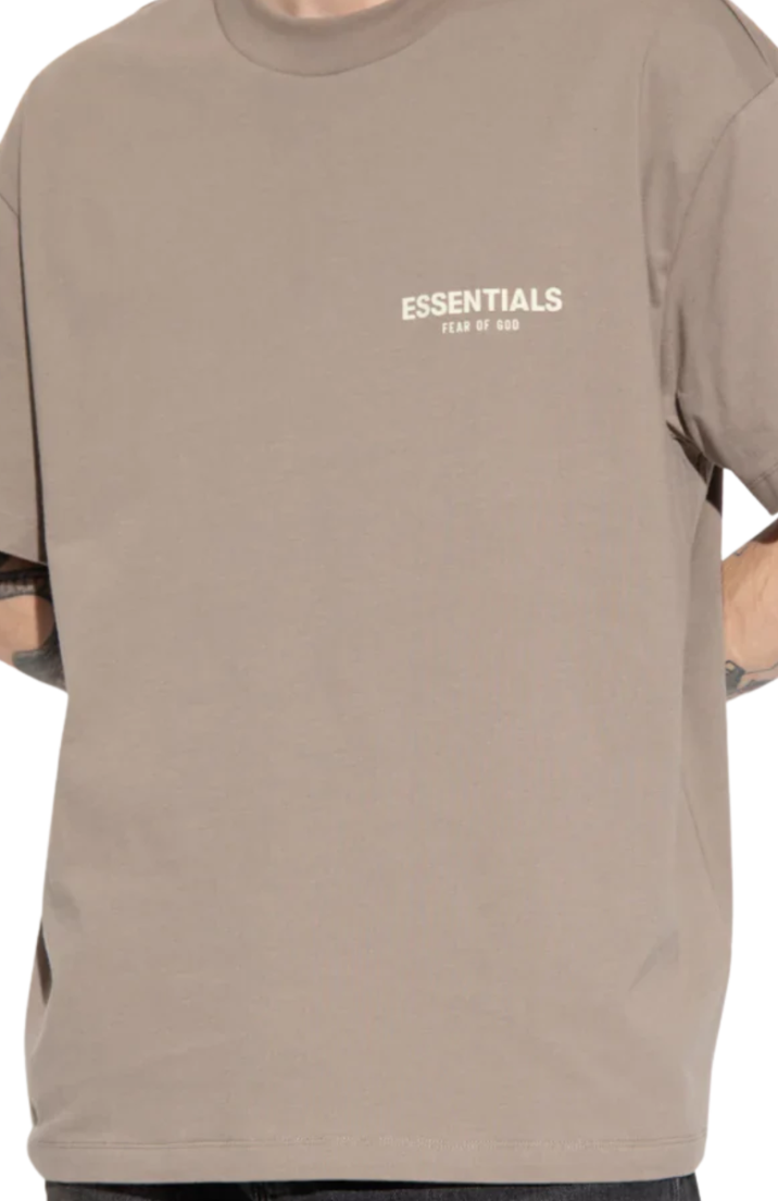Fear of God Essentials Desert Taupe t-shirt in desert taupe worn by model detail view