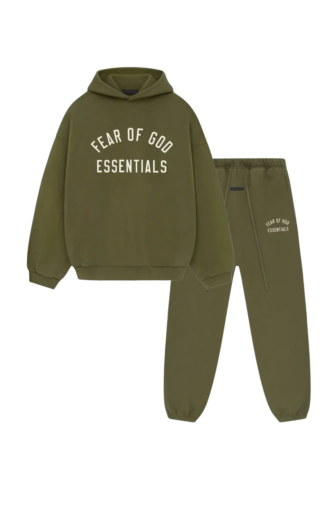 Fear of God Essentials Fleece hoodie and sweatpants set in military front view