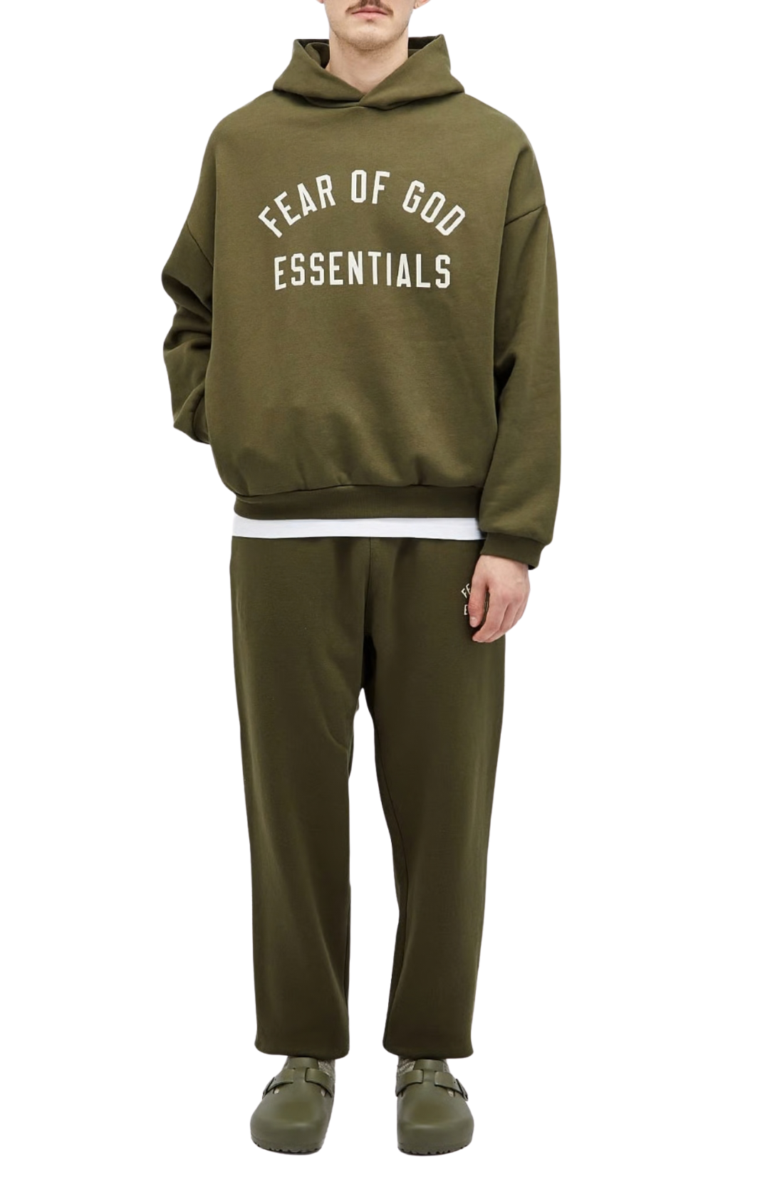 Fear of God Essentials Fleece hoodie and sweatpants set in military worn by model