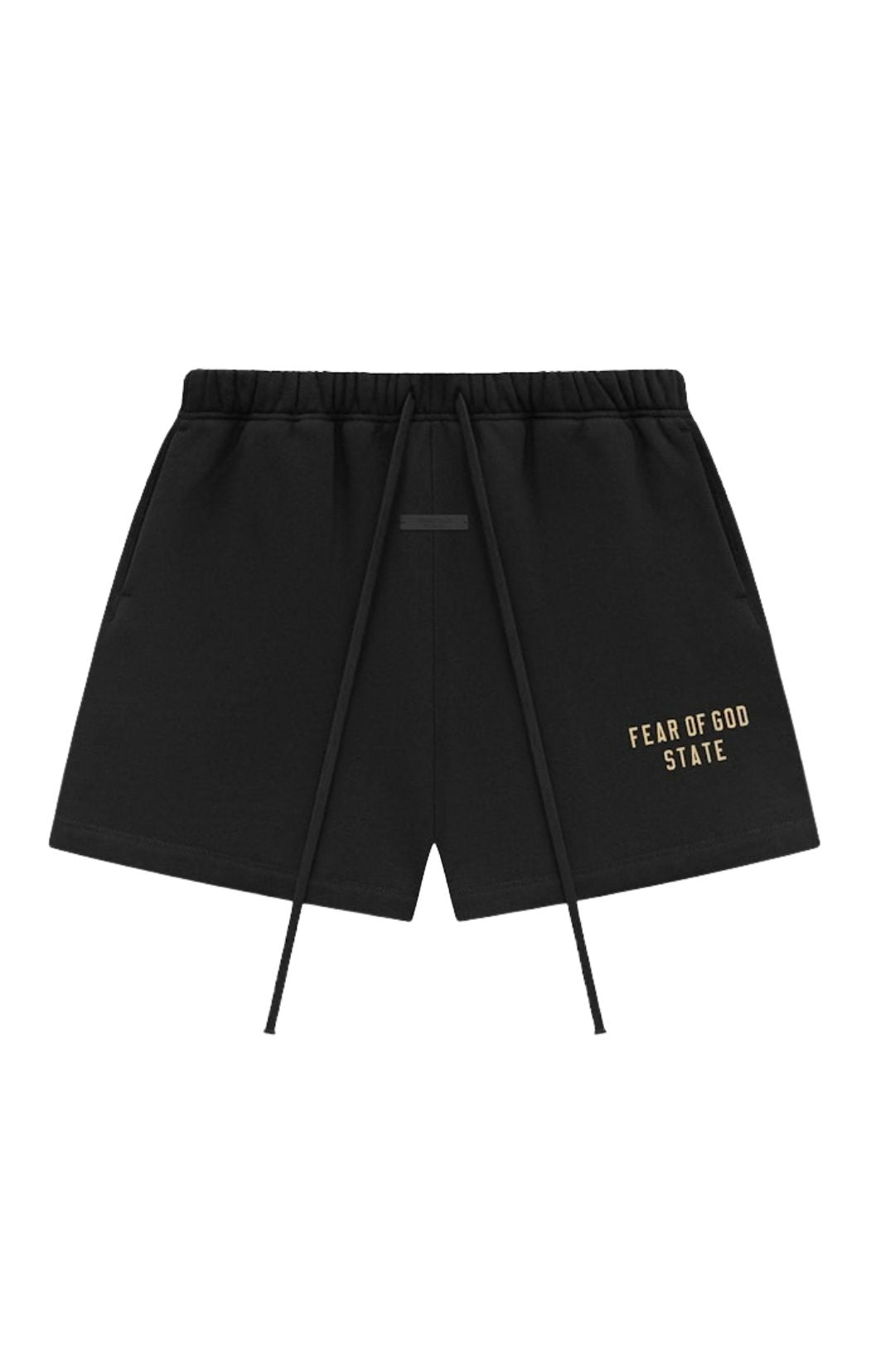 Fear of God Essentials FW24 Black Yellow Summer shorts in black front view