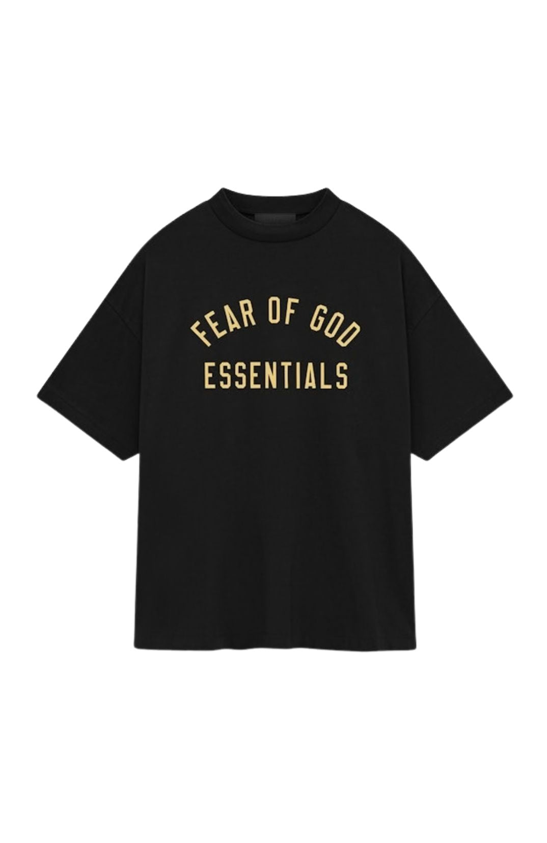Fear of God Essentials FW24 Black Yellow Summer t-shirt in black front view