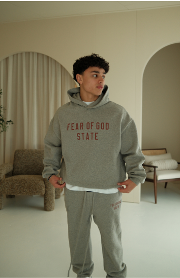 Fear of God Essentials FW24 Dark Heather State Full Set hoodie in dark heather front view