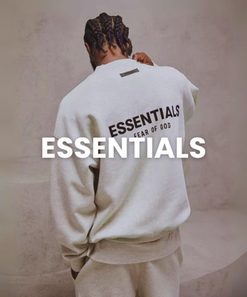 Fear of God Essentials hoodie in beige back view worn by model