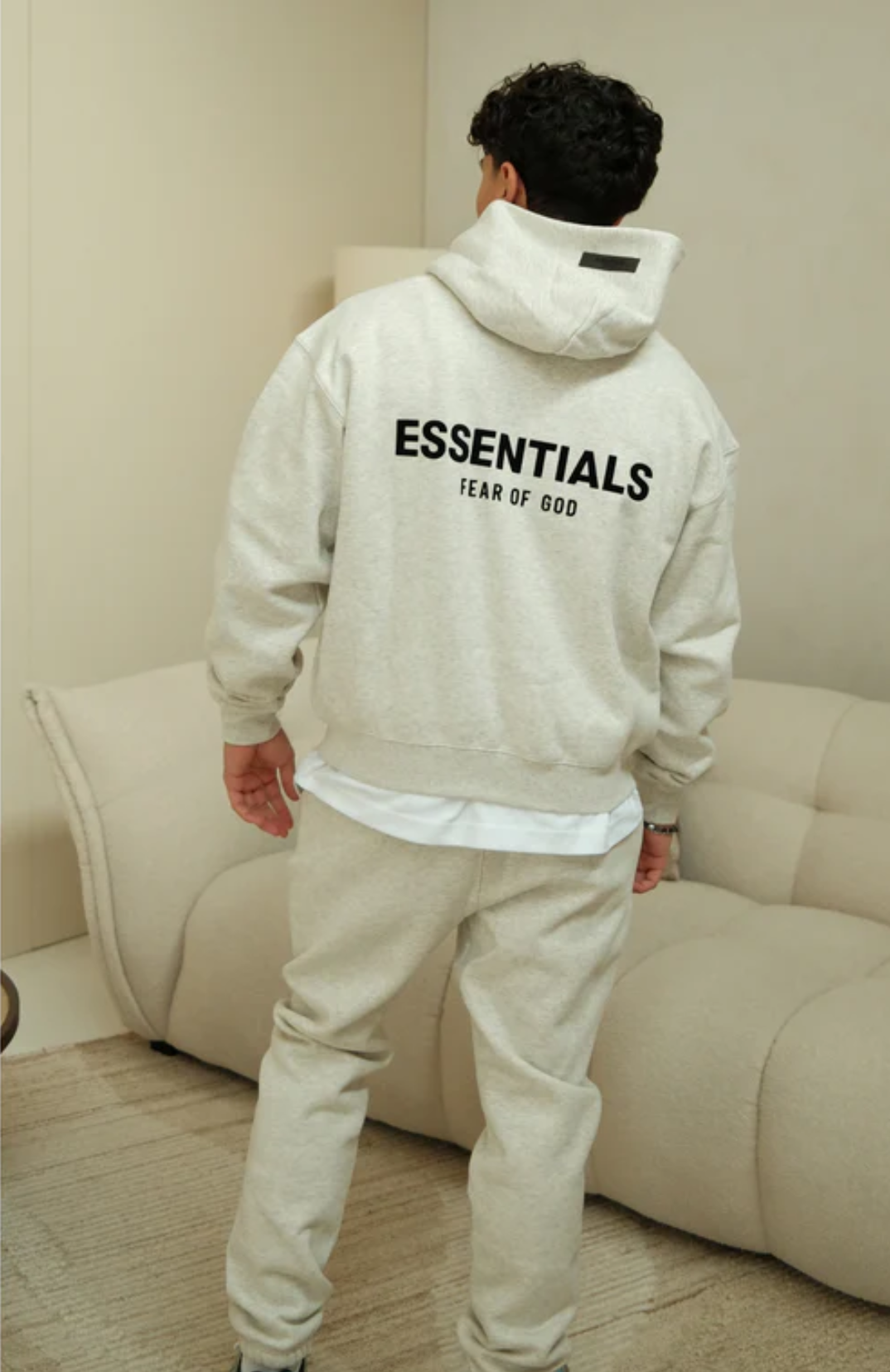 Fear of God ESSENTIALS Light Oatmeal Full Set hoodie and sweatpants set in light oatmeal