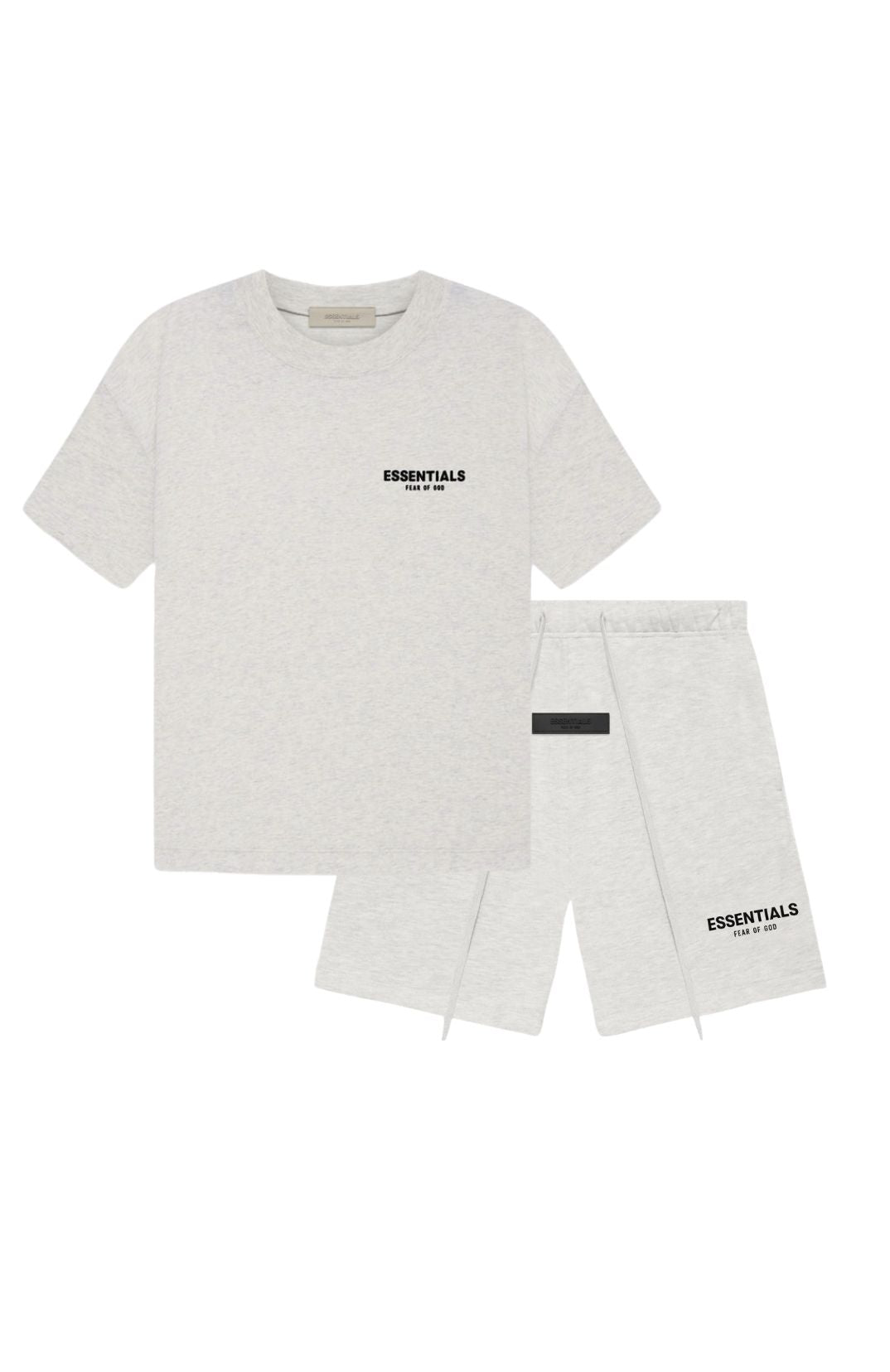 Fear of God Essentials Light Oatmeal Summer Set t-shirt and shorts set in light oatmeal front view