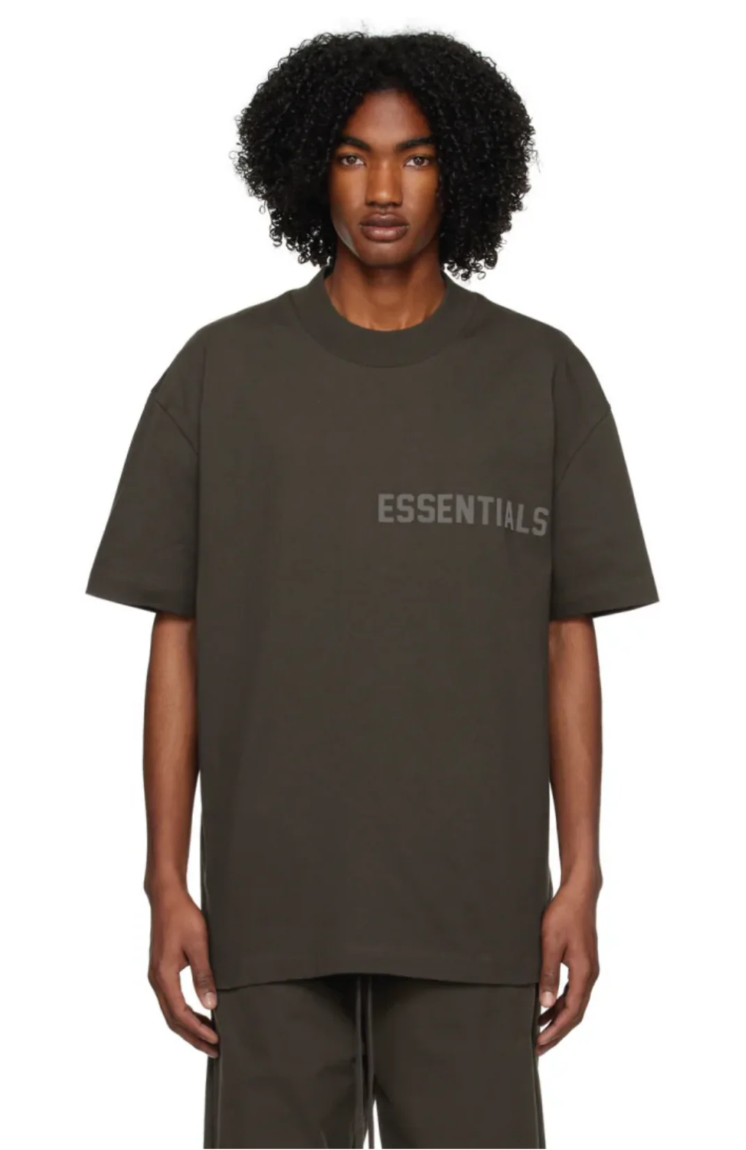 Fear of God Essentials Off Black t-shirt in off black worn by model