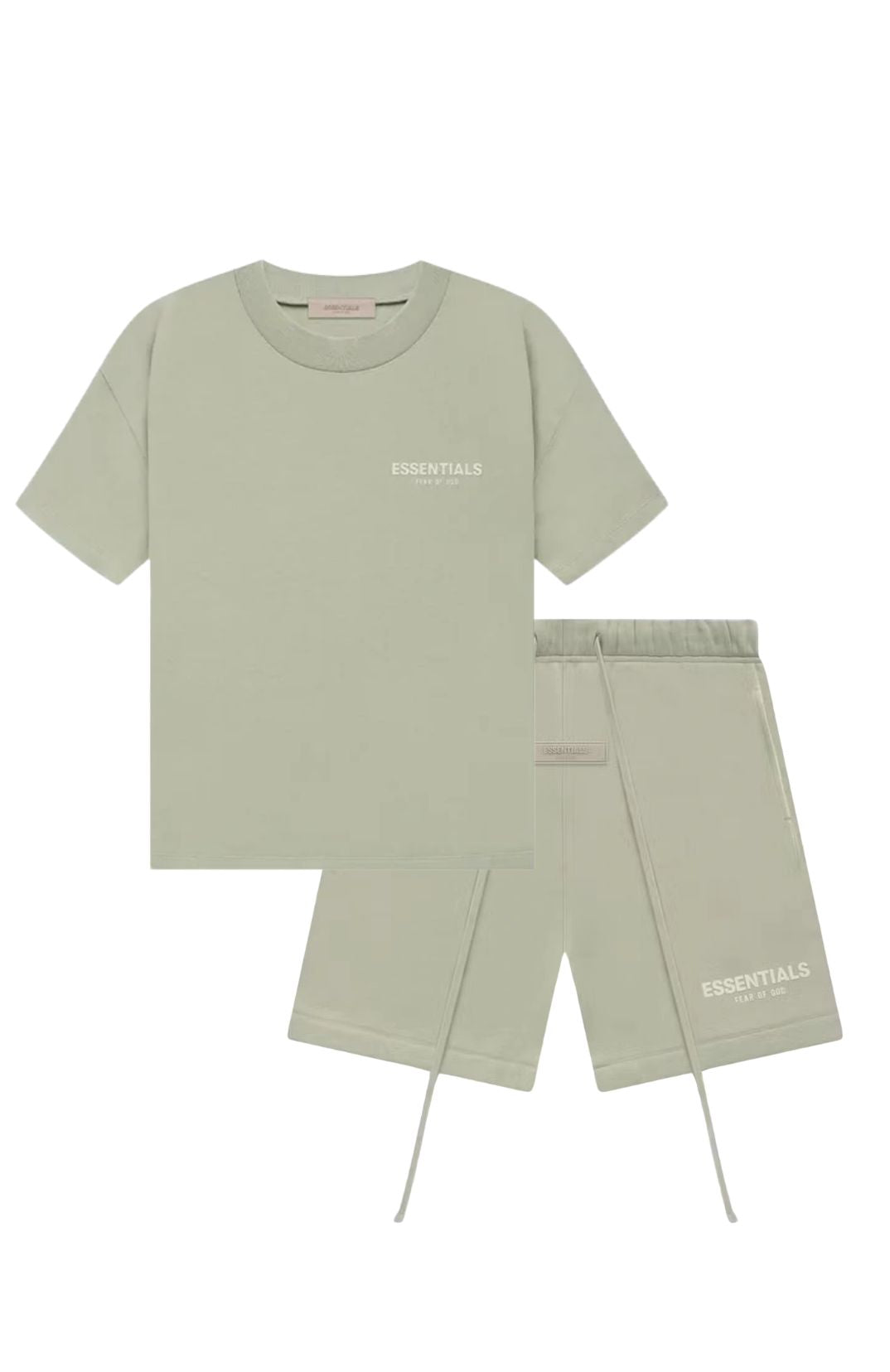 Fear of God Essentials Seafoam Summer Set t-shirt and shorts set in seafoam front view