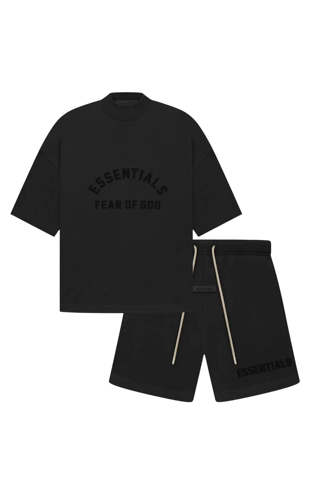 Fear of God Essentials SS23 Jet Black Summer Set t-shirt and shorts set in jet black front view