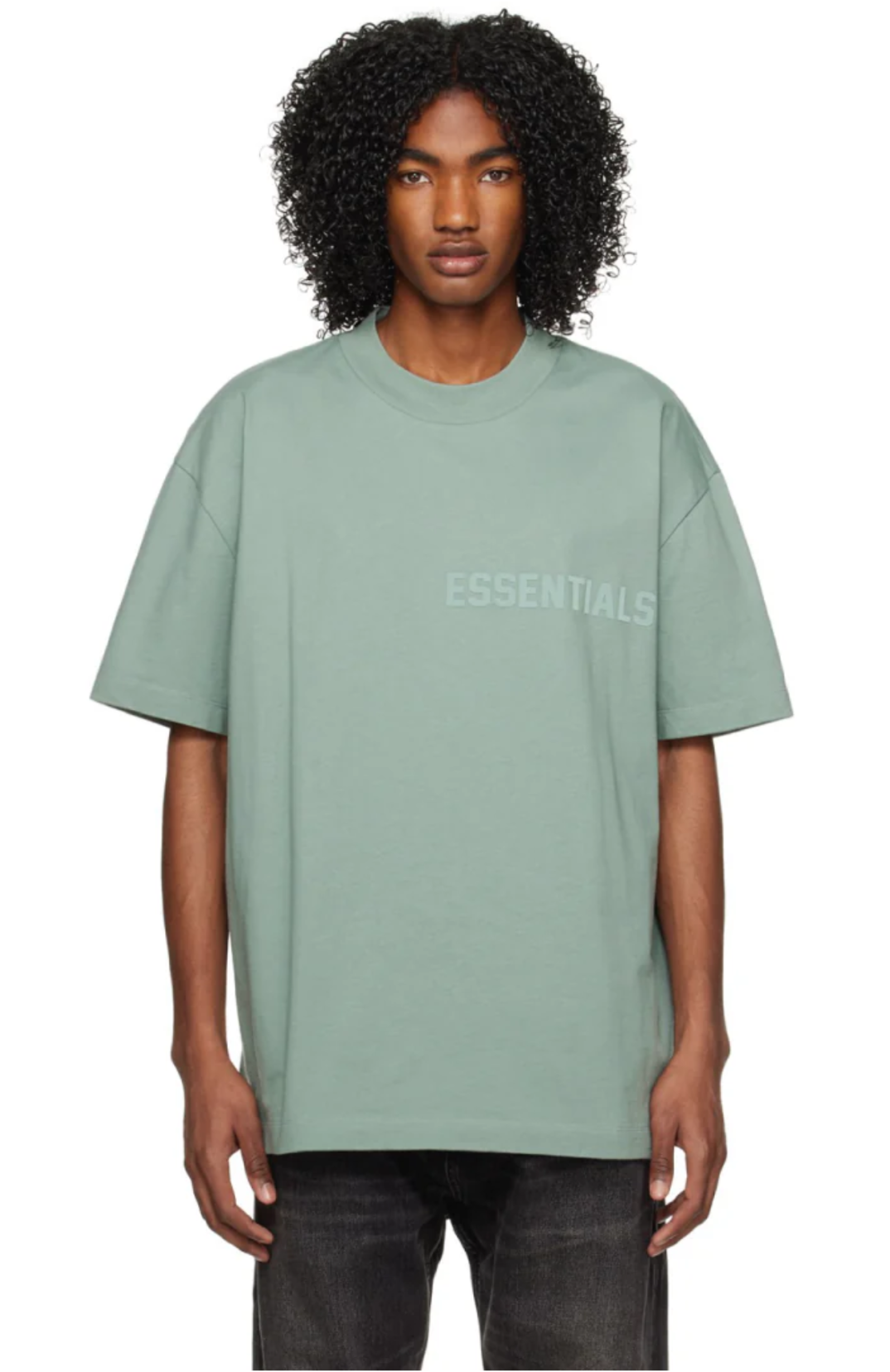 Fear of God Essentials Sycamore Summer t-shirt in green worn by model
