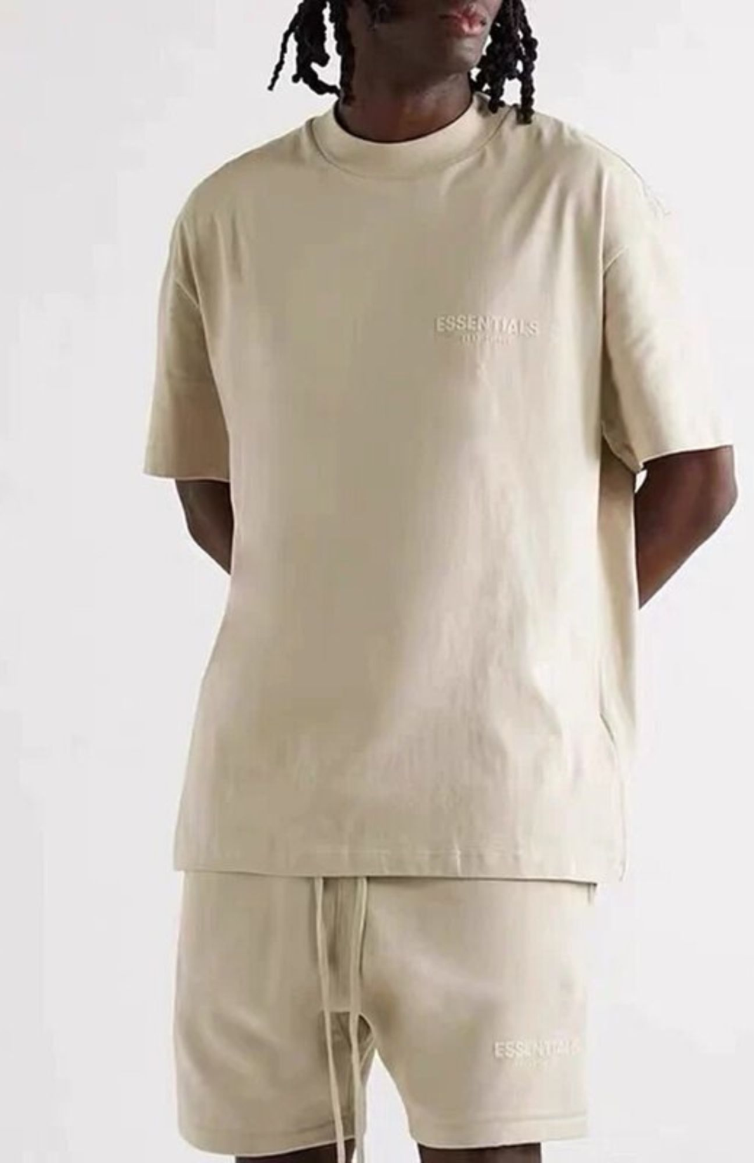 Fear of God Essentials Wheat t-shirt in wheat worn by model