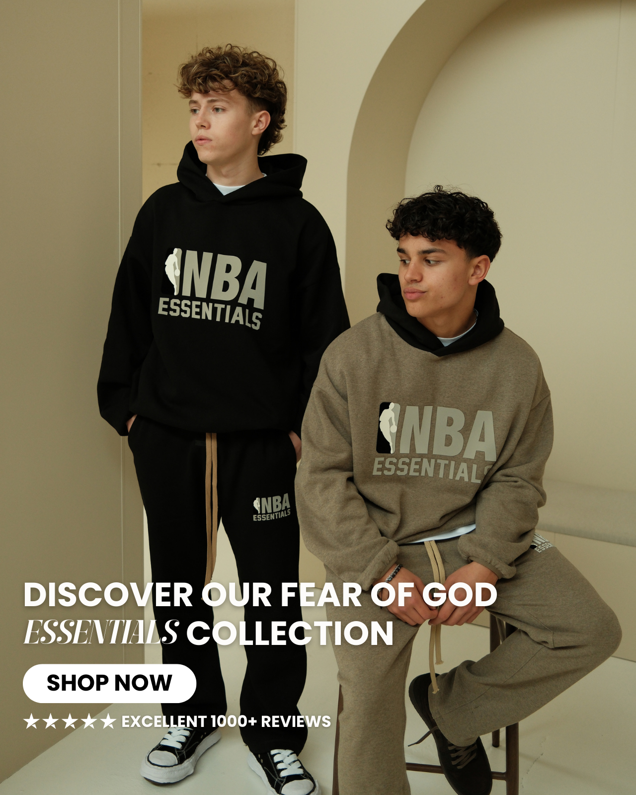 Mobile website banner featuring Fear of God Essentials hoodie and sweatpants sets worn by models in black and brown