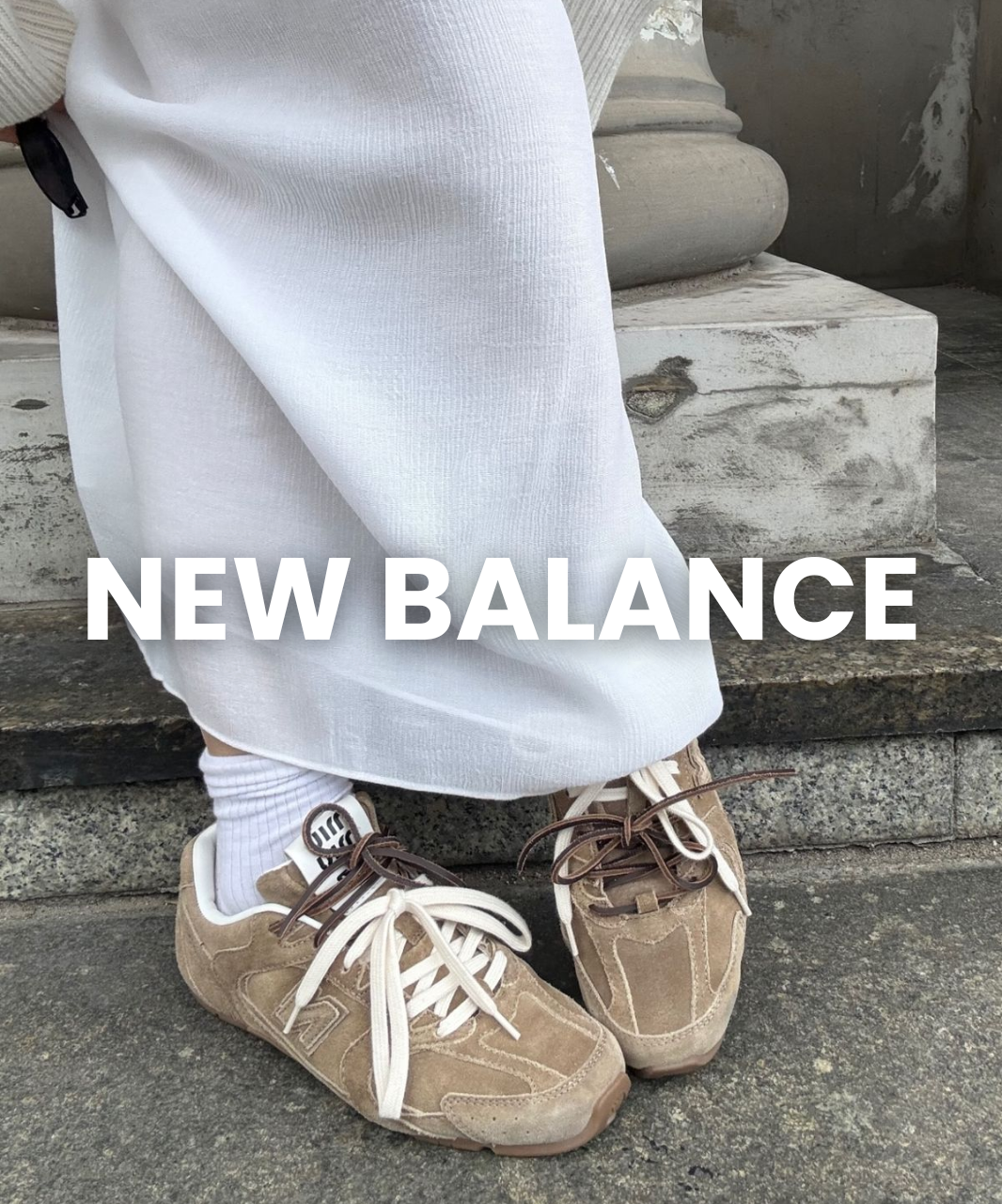 New Balance sneakers worn by model close-up view