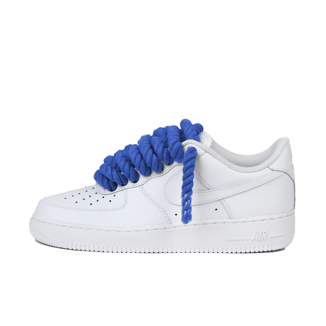 Nike Air Force 1 Low Rope Laces Royal Blue Custom Sneaker in white with royal blue rope laces