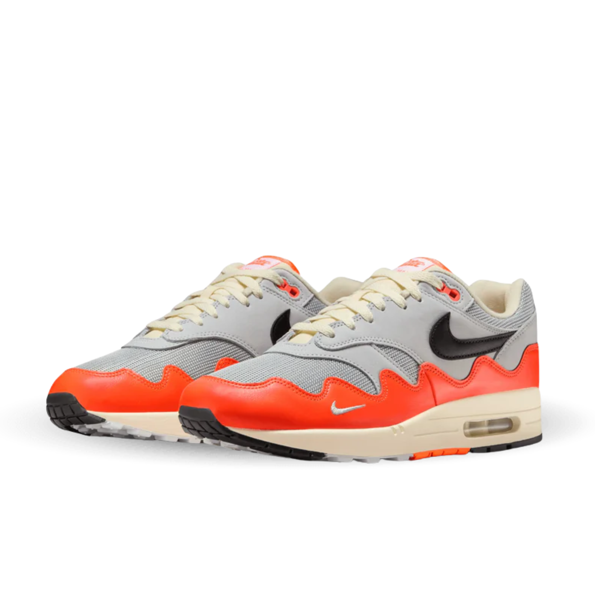 Nike Air Max 1 Patta Waves Hyper Crimson Pure Platinum sneakers in hyper crimson and pure platinum pair view